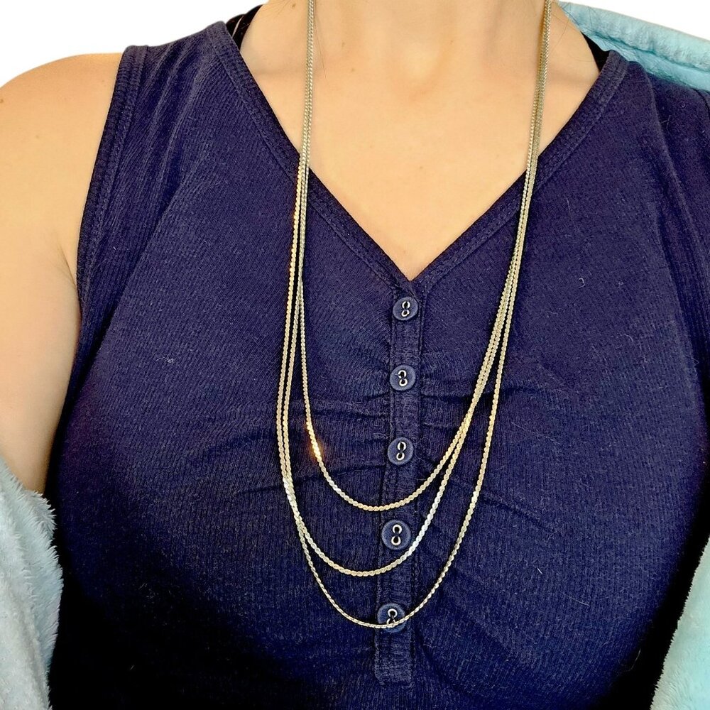 1950s VTG Trifari 3 Strand Long Serpentine Chain Necklace Silver 30" Layered 50s